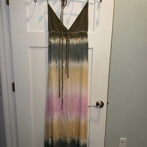 Debbie Katz South Beach Tie-Dye V-Neck Maxi Dress in Olive, Pink & Cream